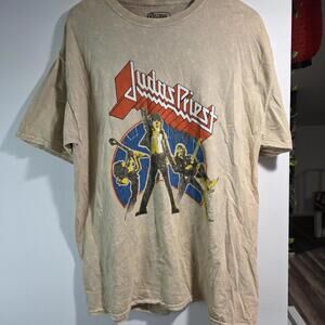 Judas Priest Shirt Mens Large Tan Graphic Band Tee Heavy Metal Rock Music